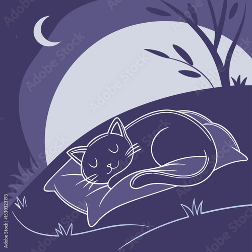 Dreamy Feline Nap A Sleeping Cat in Moonlight Landscape Illustration Style