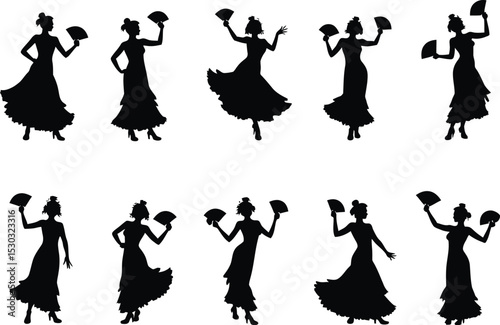 Elegant Flamenco Dancers: Black Silhouettes of Spanish Women with Fans on a White Background.
