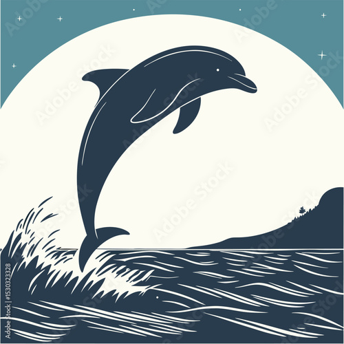 Illustration of a Dolphin Leaping from the Ocean Under a Starry Night Sky