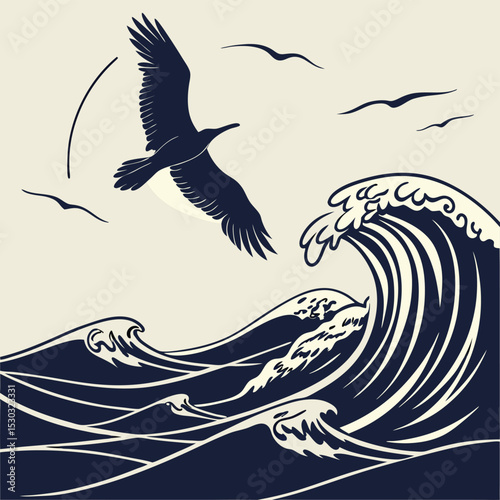 Illustration of a bird flying over a sea of waves in the ocean