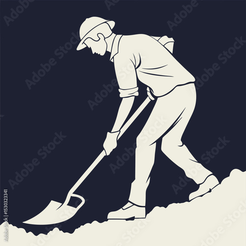 Illustration of a man digging with a shovel, wearing a hat and gloves
