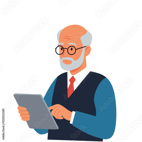 illustration of an elderly man using a digital tablet. Senior professional browsing or working on a tablet. Concept of modern technology, digital inclusion, and age diversity in the workplace