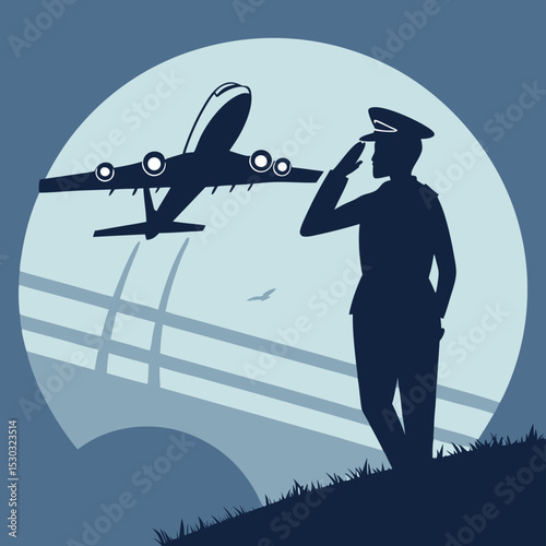 Pilot Saluting a Departing Airplane in a Retro Aviation Poster Style
