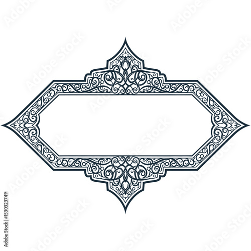 An ornate darkblue arabesque frame, isolated on white background, features intricate swirling patterns and a central rectangular space for text or imagery