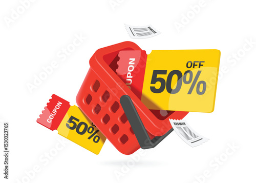 50% off promotion sign or tag label in yellow-red placed in red shopping basket and with receipt papers in air around for banner advertising design, vector 3d illustration isolated on white background