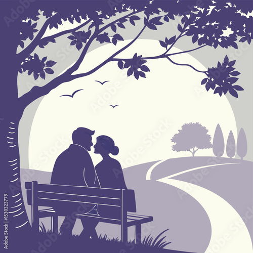 Silhouette of a couple in a park under a tree at sunset, romantic