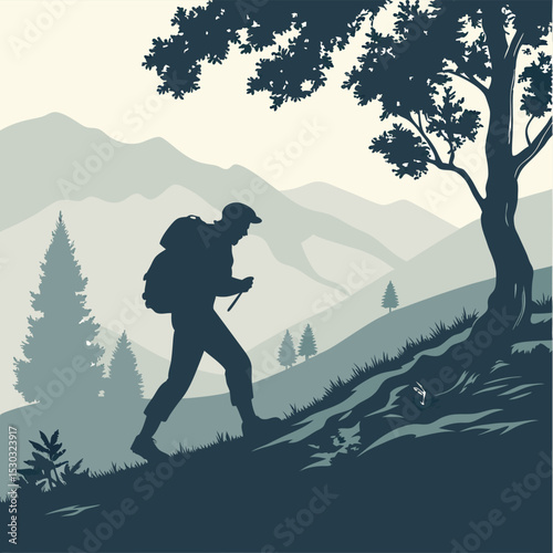 Silhouette of a Hiker Ascending a Mountain Trail Underneath a Large Tree