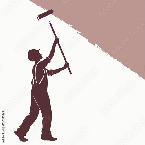 Silhouette of a painter using a roller on a wall for decoration