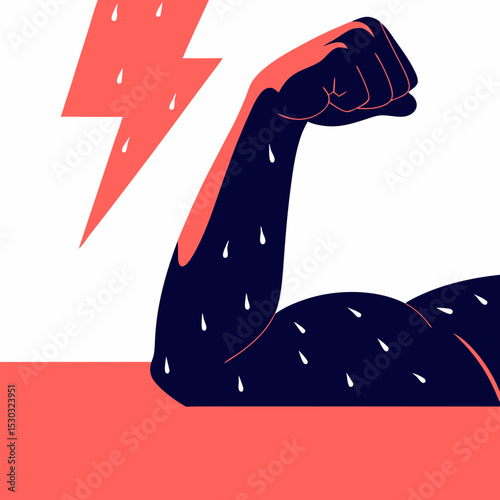 Illustration of a muscular arm with lightning and sweat