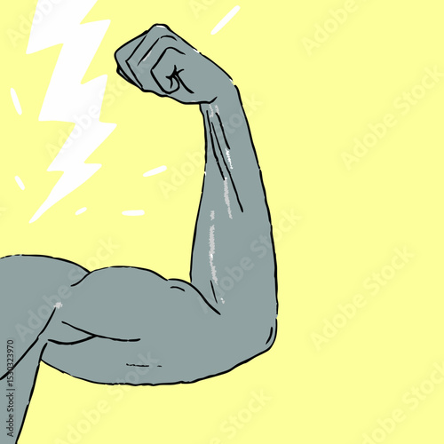 Illustration of a muscular arm flexing with lightnings