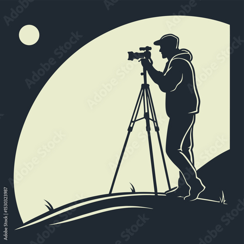 Silhouette of a photographer with camera on tripod at night under moon