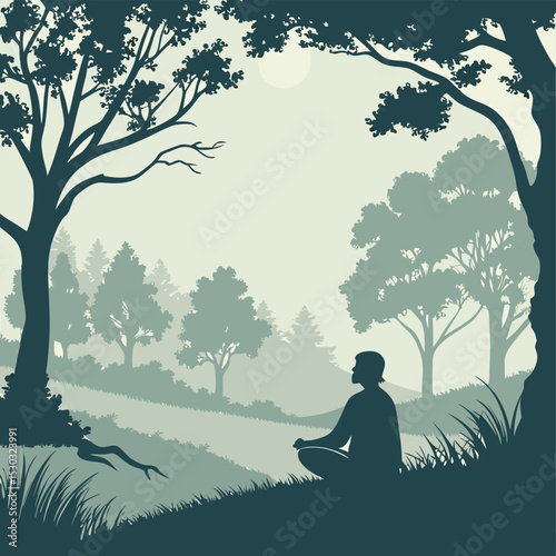 Silhouette of a person meditating peacefully amidst the trees in the forest