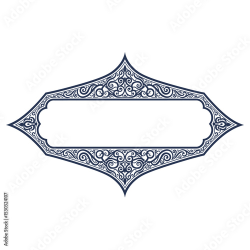 An ornate darkblue frame, isolated on white background, features intricate swirling patterns and a central blank space ideal for text or images