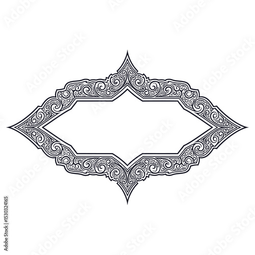 An ornate, darkblue arabesque frame, isolated on white background, features intricate swirling patterns and a central blank space ideal for text or imagery