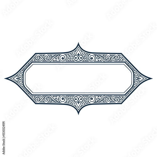 An ornate darkblue frame, isolated on white background, features intricate swirling patterns and a central blank space ideal for text or images