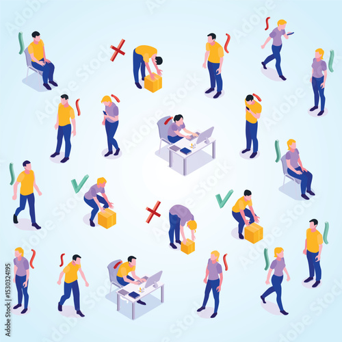 Improper correct posture maintaining with good body parts alignment walking sitting lifting objects isometric set vector illustration