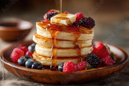 Wallpaper Mural Stacked pancakes drizzled with syrup, topped with butter and berries (1) Torontodigital.ca