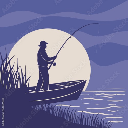 Tranquil Fishing Scene at Sunset with a Fisherman in a Boat