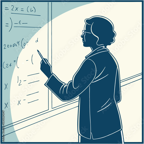 Teacher Explaining Mathematics on a Whiteboard in a Retro Style Illustration