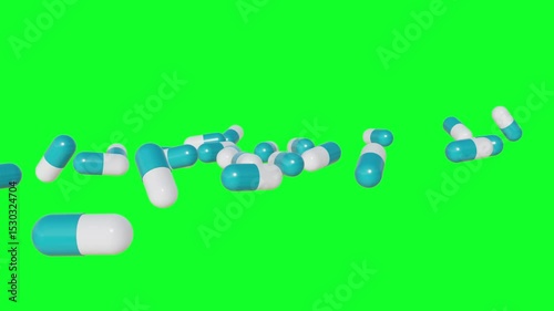 pills falling down on green background. Colorful capsules and tablets falling on a surface 4k Video. symbolizing medicine and drug treatment, Drugs, pills, tablets, medicine concept. 3d render