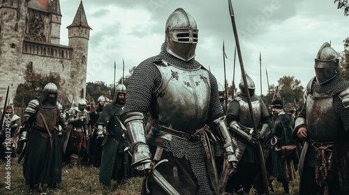 Medieval Knights in Armor Marching Towards a Castle