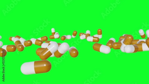 pills falling down on green background. Colorful capsules and tablets falling on a surface 4k Video. symbolizing medicine and drug treatment, Drugs, pills, tablets, medicine concept. 3d render