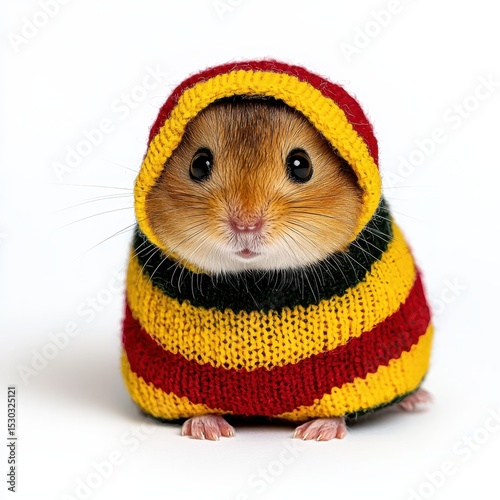 Adorable Hamster in Striped Knit Sweater Against White Background