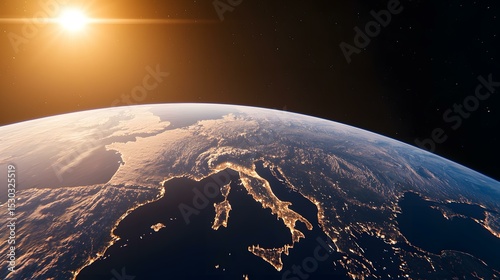 Fototapeta Naklejka Na Ścianę i Meble -  A breathtaking view from space showcases the Italian peninsula bathed in the warm glow of city lights, set against the backdrop of a stunning sunrise or sunset over Earth.