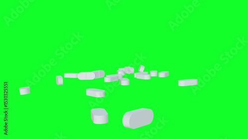 pills falling down on green background. Colorful capsules and tablets falling on a surface 4k Video. symbolizing medicine and drug treatment, Drugs, pills, tablets, medicine concept. 3d render