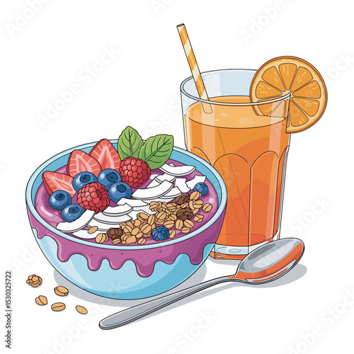Vibrant vector illustration of a healthy breakfast, featuring a colorful smoothie bowl topped with berries, granola, and coconut, served alongside fresh orange juice. Perfect for nutrition and wellnes