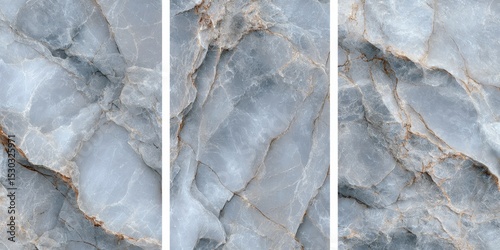 Three panels of light gray stone,  showing varied rock textures