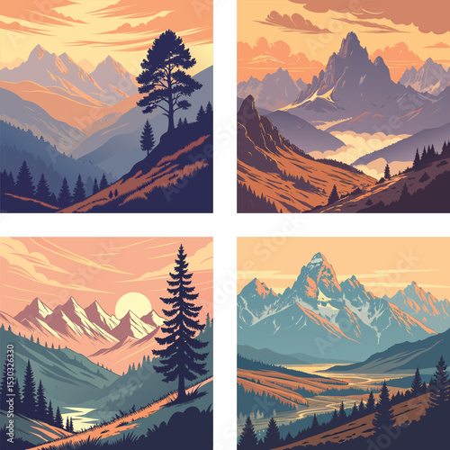 Sunrise over a vast mountain landscape. 