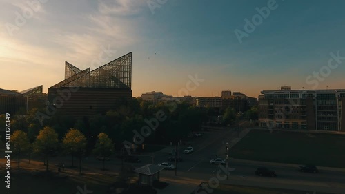 Sunrise aerial along the Chattanooga riverfront 