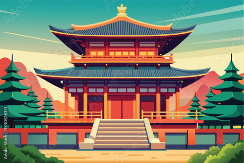 A vibrant illustration of a traditional Asian pagoda, featuring a stylized design with bold colors and simple shapes.