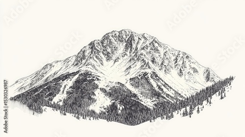 Detailed hand-drawn illustration of a snowy mountain range.