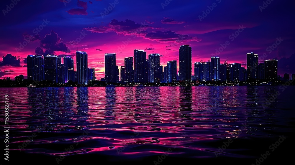Obraz premium Vibrant cityscape at twilight reflected in still water.