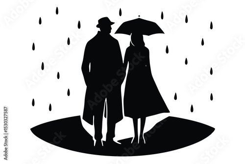 Romantic couple silhouette under umbrella in rain