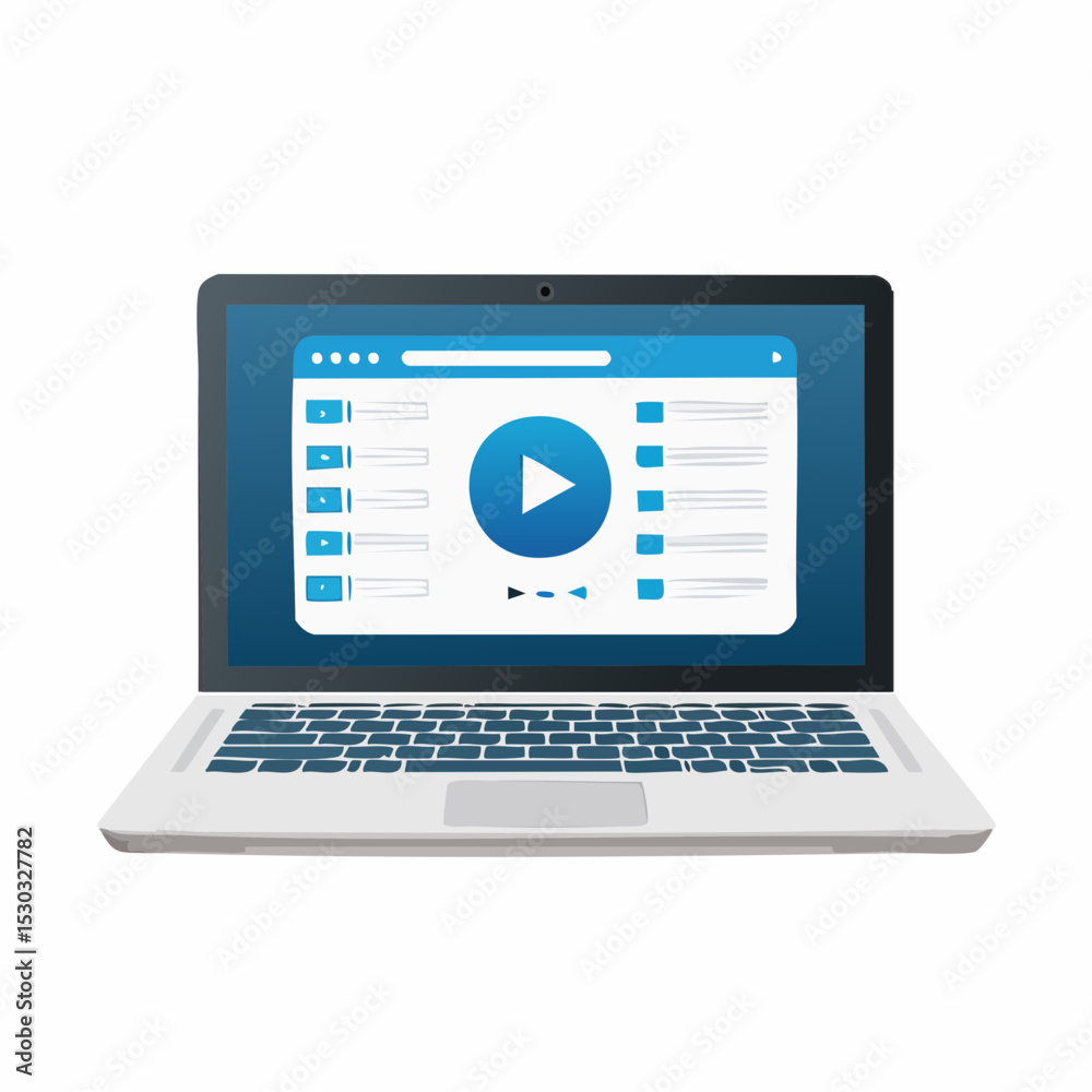 Vector of laptop showing a learning app screen with play button and checklist. Vector of laptop showing a learning app screen with play button and checklist.
