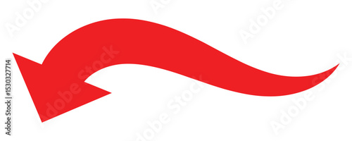 Red curved down arrow icon. Flowing downward arrow. Red vector arrow. Wavy red arrow icon. Downward motion arrow on white background.