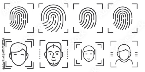 Biometric Authentication Icons Set for Security Systems, Identity Verification Applications, and Access Control Interface Design