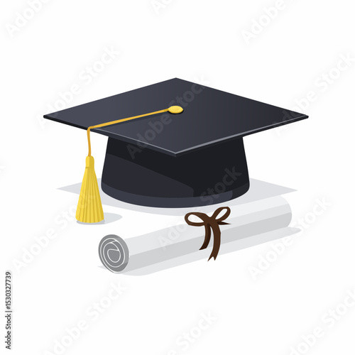 Vector of graduation cap with tassel and diploma scroll tied in ribbon on white.