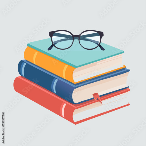 Vector of stacked hardcover books with reading glasses on top, on white background.