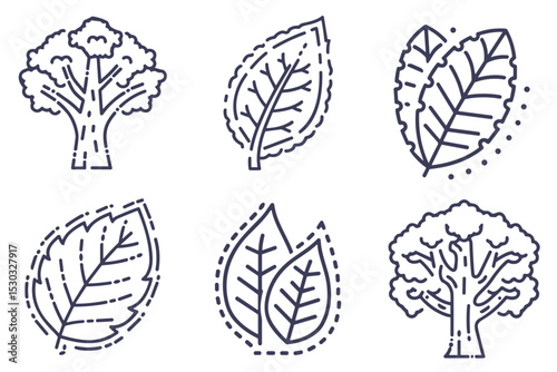 Trees and Leaves Icons Set for Environmental Websites, Nature Blogs, Botanical Education Materials, and Eco-friendly Design Projects
