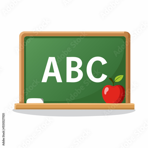 Vector of green chalkboard with ABC letters and red apple icon, white background.