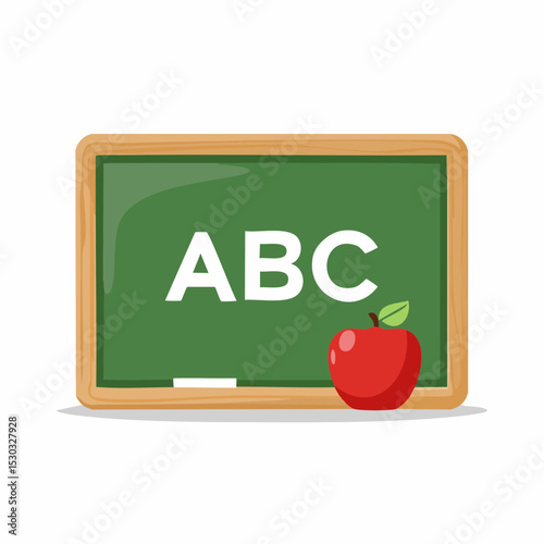 Vector of green chalkboard with ABC letters and red apple icon, white background.