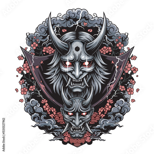 Intricate vector illustration of two Japanese Hannya masks with glowing red eyes, set amidst stormy clouds, lightning, and cherry blossoms. Represents Japanese folklore, demons, and traditional 