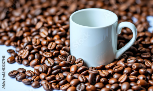 Fresh Coffee Beans Surrounding White Cup