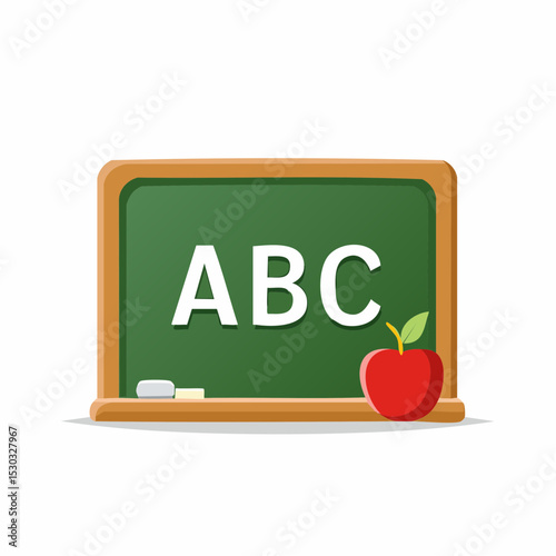 Vector of green chalkboard with ABC letters and red apple icon, white background.