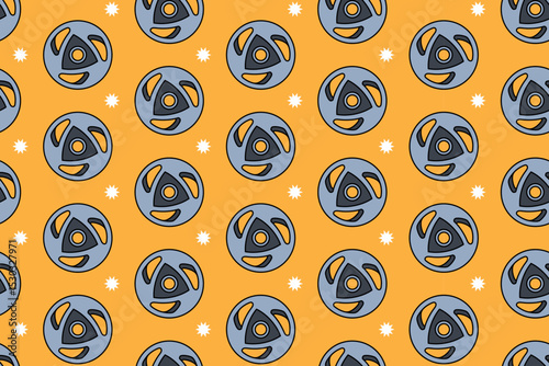Weight plate with star isolated motif wallpaper. Weight plates colorful doodle pattern background. Weight plate seamless pattern on yellow background. Fitness, gym, weightlifting merchandise