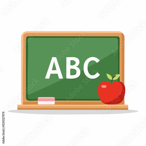 Vector of green chalkboard with ABC letters and red apple icon, white background.